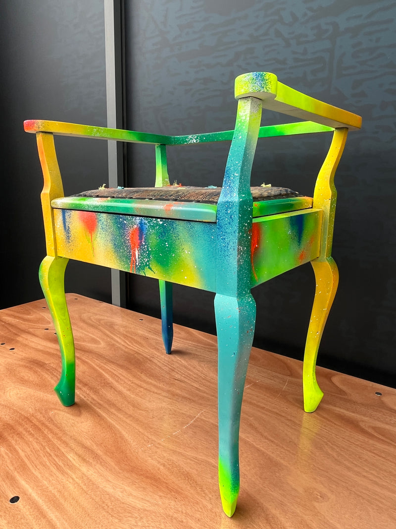 Graffiti Piano Stool with Carpet Bag Hand Stitched seat pad by Lost and Found Projects