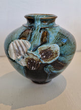 AS1-3 Small Blue on Chocolate Stoneware Side Fired Round Pots with Shells by Alex Shimwell