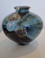 AS1-3 Small Blue on Chocolate Stoneware Side Fired Round Pots with Shells by Alex Shimwell