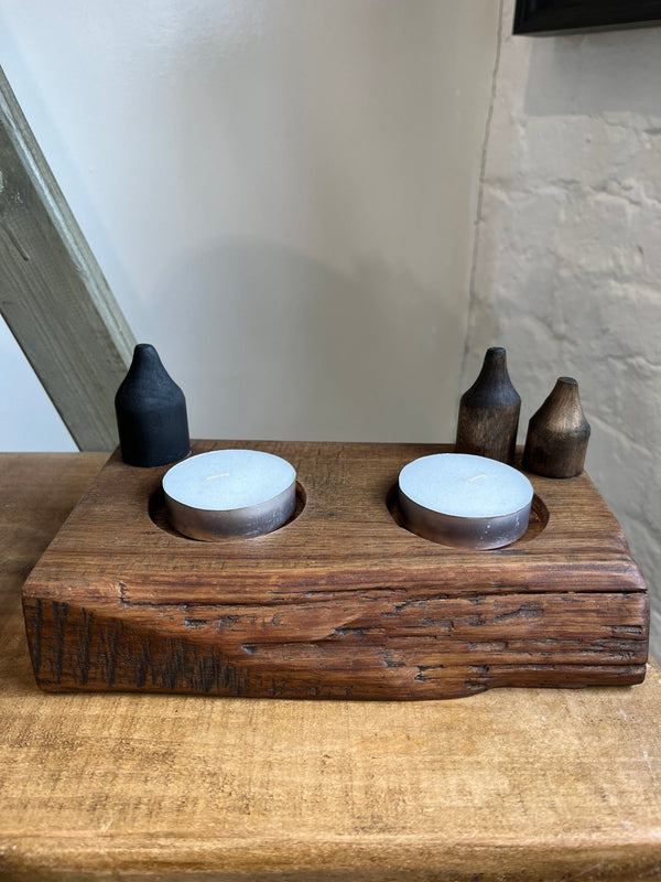 3 Bottle Kiln 2 tea light or glass holder from salvaged timbers large by Lost and Found Projects by Barewall