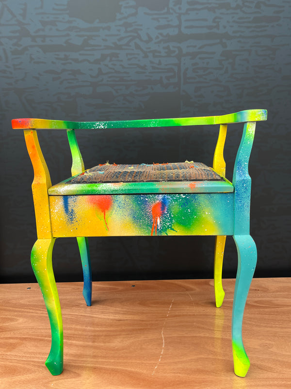 Graffiti Piano Stool with Carpet Bag Hand Stitched seat pad by Lost and Found Projects