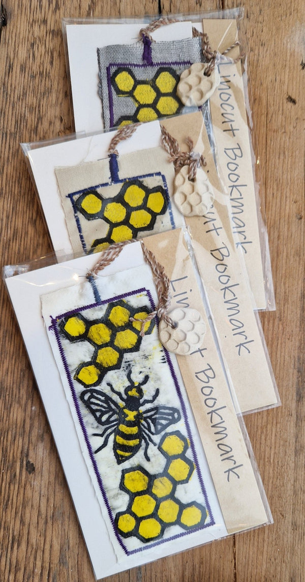 Bee Honeycomb Linocut Bookmarks with Clay Bottle 2024 by Shauna McCann by Barewall