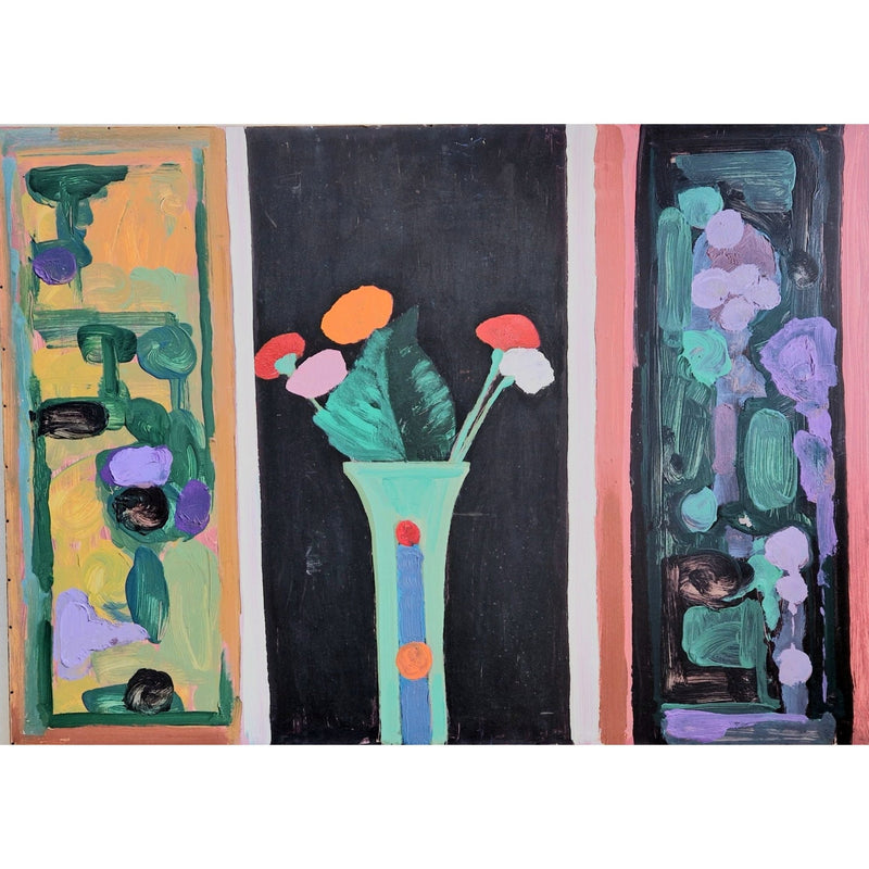 EN056 Vase of Flowers in Garden Window 1989 acrylic by Enos Lovatt by Barewall