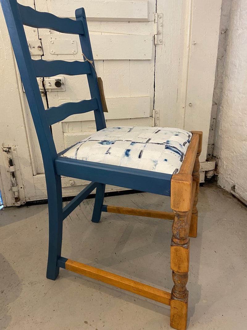 Farmhouse Occasional Chair in Demin and Calico. Repaired Restored Reworked with Denim and Calico seat pad by Lost and Found Projects by Barewall