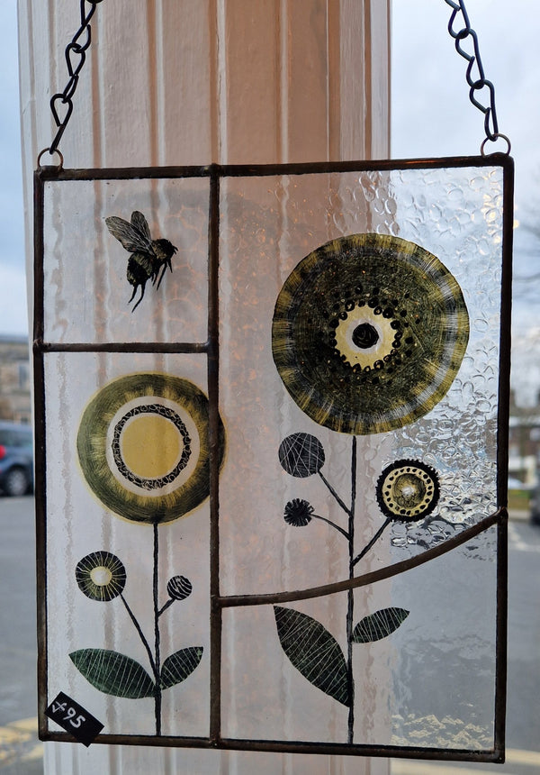 Hand painted flowers and bee reclaimed leaded glass hanging panel 50s style by Bec Davies by Barewall