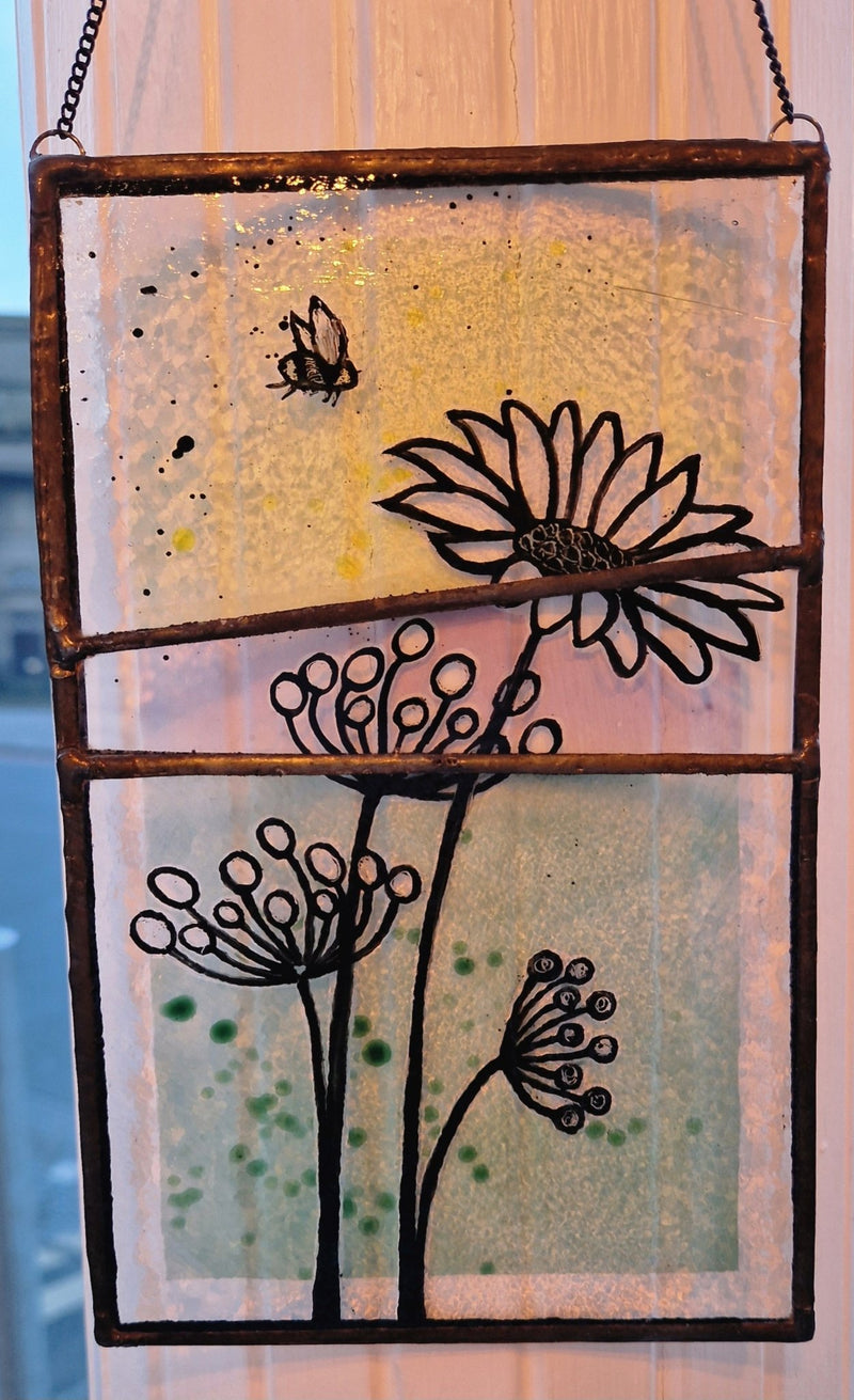 Hand painted flowers, seeds and bee on reclaimed leaded glass hanging panel 40s style by Bec Davies by Barewall