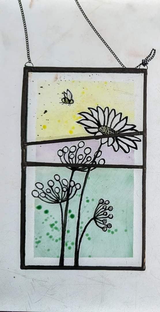 Hand painted flowers, seeds and bee on reclaimed leaded glass hanging panel 40s style by Bec Davies by Barewall