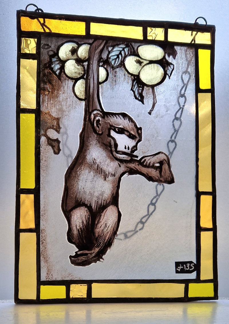 Hand painted Stained Glass Swinging Smoking Monkey Art by Bec Davies by Barewall