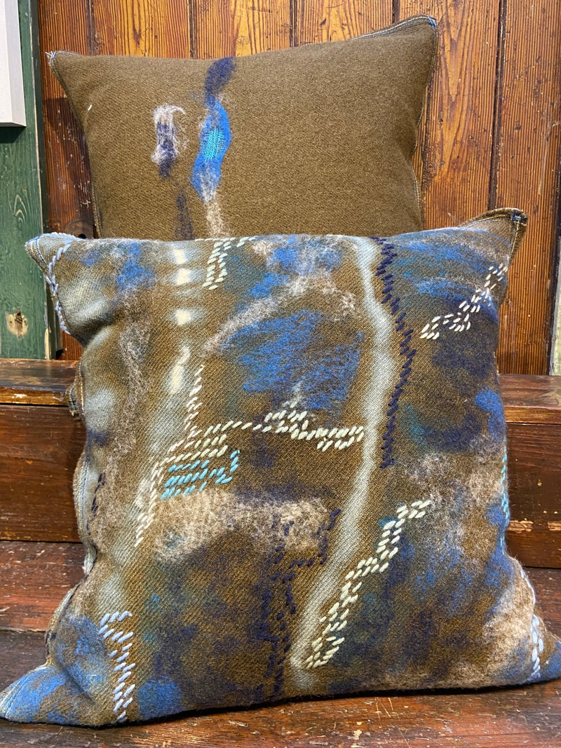 Handmade felted cushion with vintage blankets and handwork. Square brown squiggles and embroidery felt. By Lost and Found Projects and JMR Design