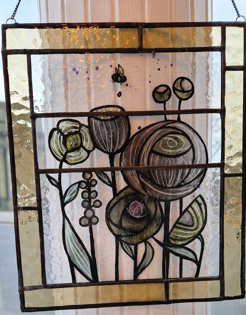 Large hand painted flowers, bee and seed heads on reclaimed leaded glass hanging panel 40s style by Bec Davies by Barewall