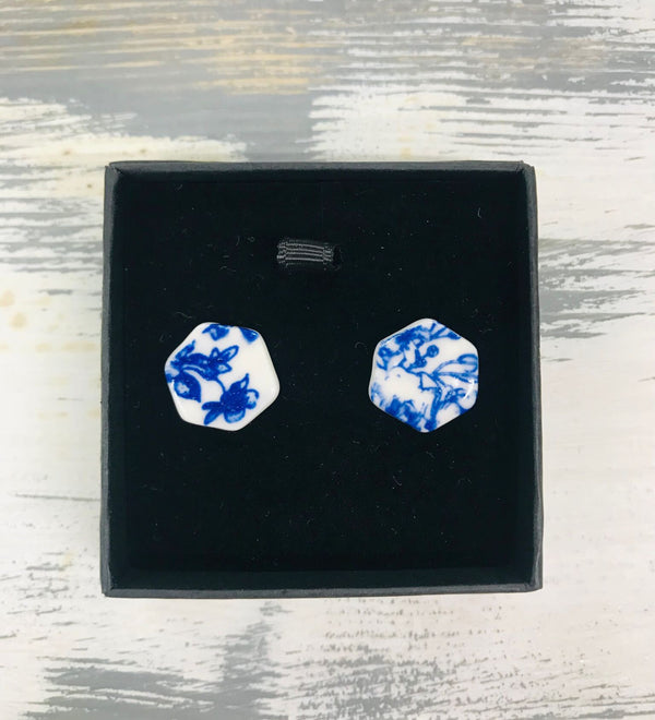 HB3 Blue and White Flower Hexagonal Stud Earrings by Hayley Blackwell