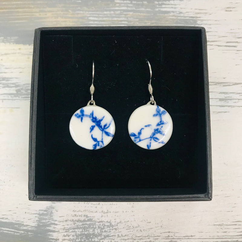 HB6 Ceramic Blue and White Flower Disc Dangle Earrings by Hayley Blackwell