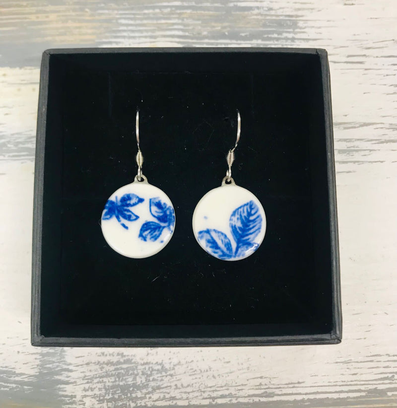 HB8 Ceramic Blue and White Flower Disc Dangle Earrings by Hayley Blackwell