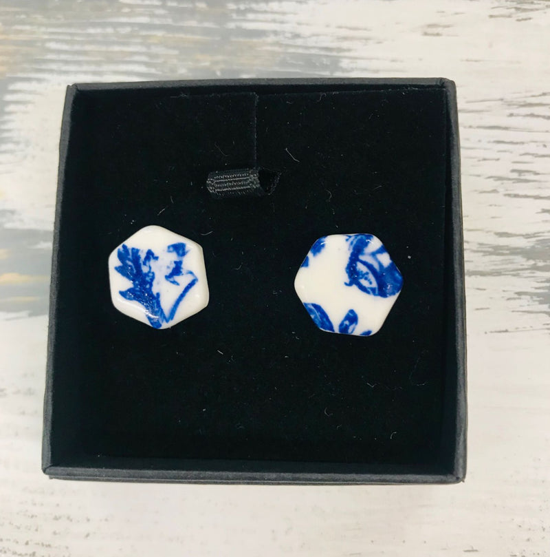 HB4 Blue and White Flower Hexagonal Stud Earrings by Hayley Blackwell