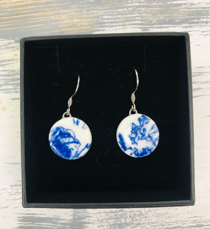 HB7 Ceramic Blue and White Flower Disc Dangle Earrings by Hayley Blackwell