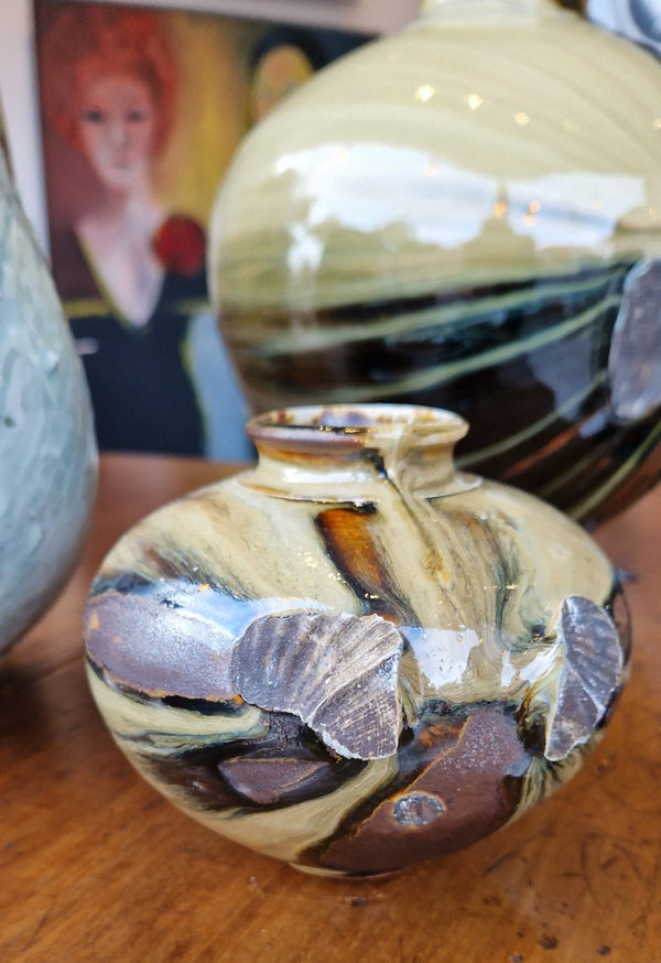 Small Stoneware Round Pot with Shells and Poured Glazes by Alex Shimwell by Barewall