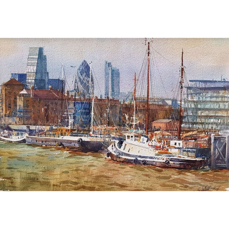 Thames Harbourside by Geoffrey Wynne RI by Barewall